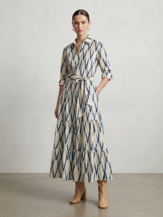 Guadalupe Dresses & Skirts - GUADALUPE Meredith Ikat Shirt-Collar Tiered Maxi Dress in Blue Ikat